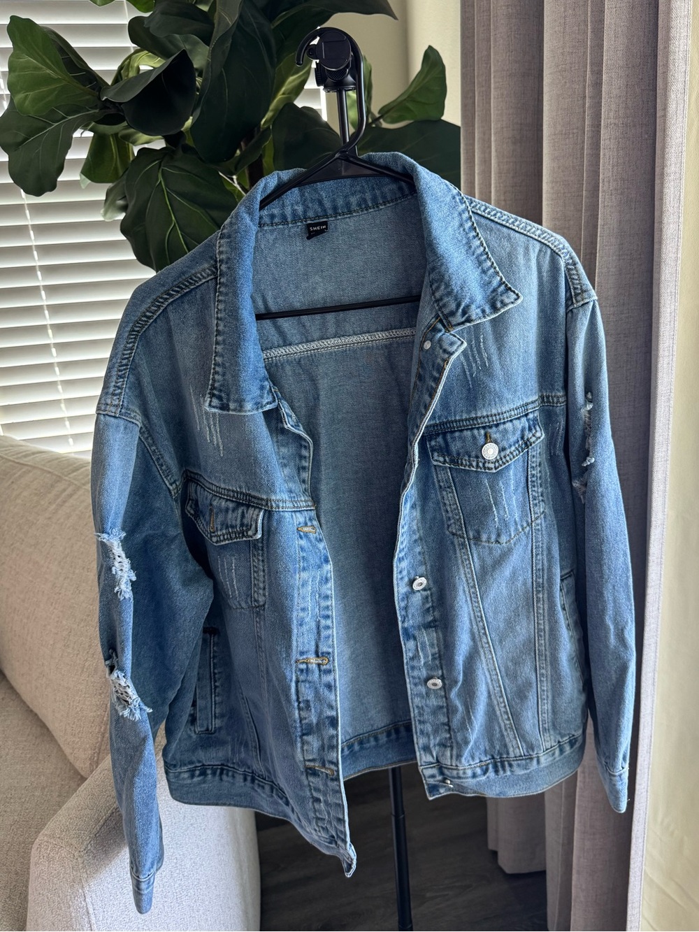 SHEIN Light Blue Distressed Denim Jacket for Women